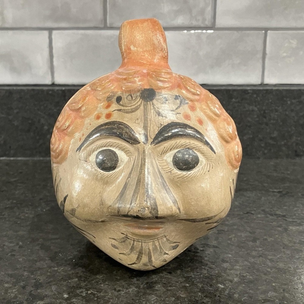 Mexican Tonala Face Piggy Bank Folk Art Terra Cotta Pottery 1960s Vintage Mexico